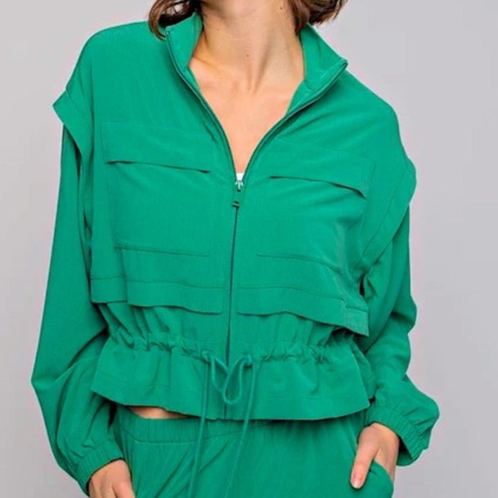 Rae Mode Kelly Green Crinkled Jacket with Drawstring Waist
